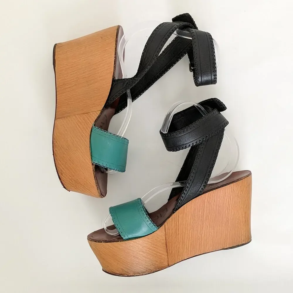 Lanvin Ankle Strappy Wedge Platform Sandals Wood High Chunky‎ Heels Womens 8